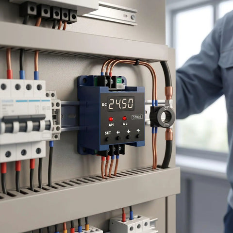 Hella Responsive DC Digital Amp Meter Shows Zero Point Three To Fifty Amperes On Sharp LCD Screen While Running Real Time Monitoring Plus Smart Relay Triggers For Tight Workshop Builds Smooth EV Swaps And Deckboat Mods mounted in electrical panel.