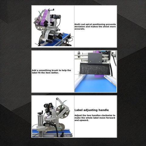 Hassle Free Automatic Desktop Conveyor Labeling Machine 110V Belt Feed Sticker Applicator showing multi-rod spiral positioning feature.
