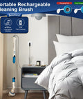 Cordless Electric Spin Scrubber With 3 Interchangeable Heads charging next to a bed in a bedroom setting