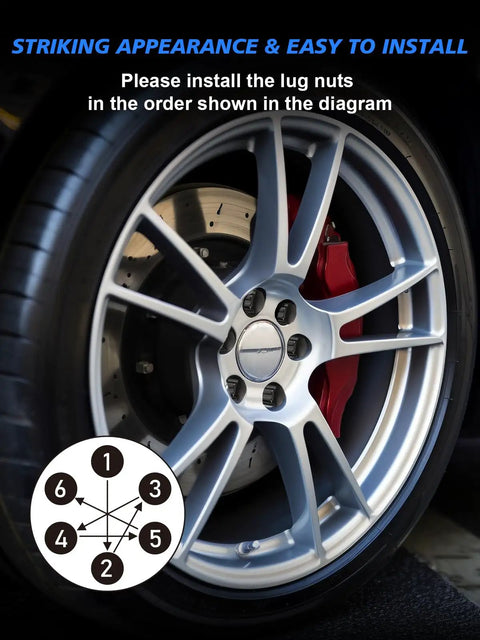 Close-up of car wheel with installation diagram for 24 Piece M14x1.5 Spline Lug Nuts Set For Chevy Tahoe Suburban Silverado GMC Yukon Sierra 1500 Ford Expedition One Piece Design With Socket Key Black Heavy Duty Coating