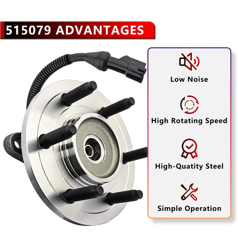 Drop In Front Wheel Bearing Hub Assembly For Ford F150 Lincoln Mark Lt Expedition Navigator 2003 To 2008 4WD Six Lug With ABS Direct Fit Replacement Easy Install Premium Grade Quality, front view showing hub and ABS sensor wire