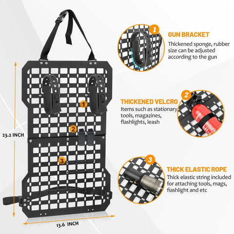 Heavy Duty Truck Gun Rack MOLLE Seat Back Organizer Gun Holder Panel with elastic straps and compartments for quick access gear