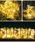 Solar Mason Jar Lights 12 Pack With 30 LED Fairy Firefly Jar Lids String Lights Waterproof For Patio Garden Yard Weddings Hangable Decor Warm White Glow illuminating in grass and porch.