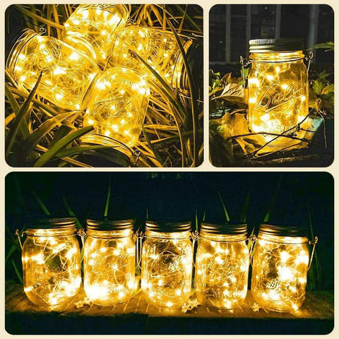 Solar Mason Jar Lights 12 Pack With 30 LED Fairy Firefly Jar Lids String Lights Waterproof For Patio Garden Yard Weddings Hangable Decor Warm White Glow illuminating in grass and porch.