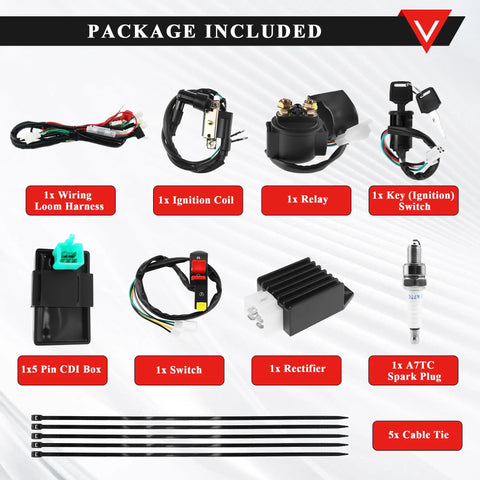 Full Wiring Harness Loom With Solenoid Coil Regulator For 50cc 70cc 90cc 110cc And 125cc Dirt Pit Bikes And Quad ATVs Electric Start Engine Kit With Clear Wiring Diagram Included For Easy Installation And Troubleshooting On Go Karts And Quads