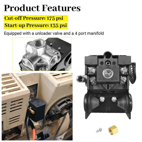 Pressure Switch For Two Stage Air Compressor Five To Seven And A Half HP 135 To 175 PSI With Unloader And Four Port On Off Lever
