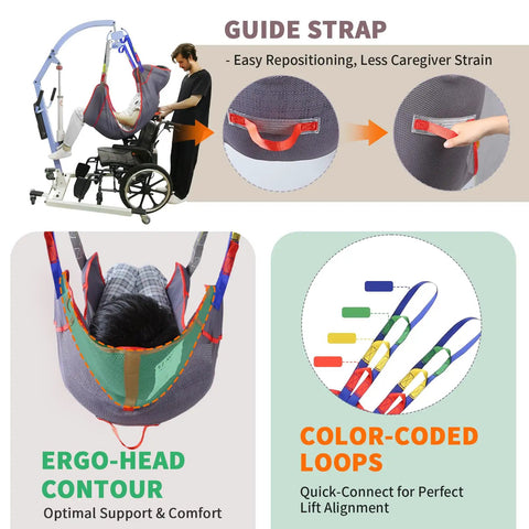 EHUCONHEEL Full Body Mesh Patient Lift Sling Universal Transfer Aid, features guide strap and color-coded loops for easy use.