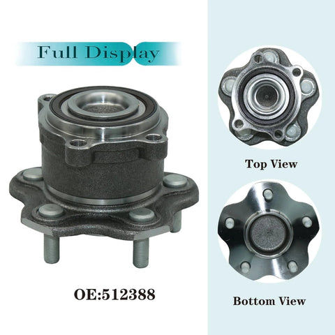 Rear Wheel Bearing And Hub Assembly For Nissan Altima 2007 2018 Maxima 2009 2019 Murano 2015 2016 Pathfinder 2013 2019 5 Lug With ABS Direct Fit Replacement Premium Quality Guaranteed, shown in top and bottom views.
