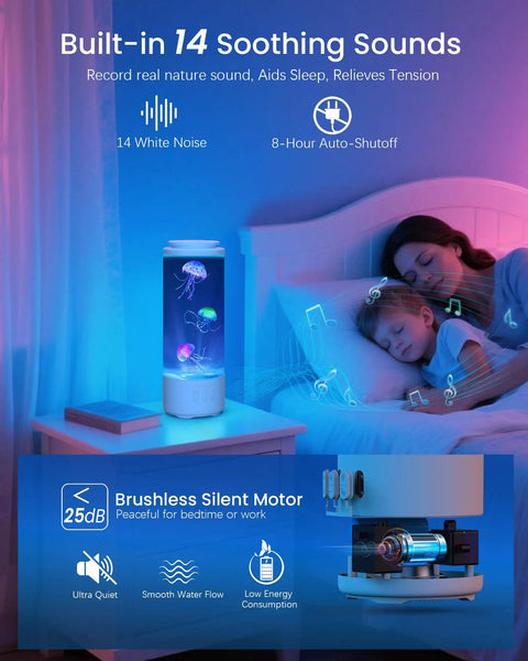 Bedroom scene with Jellyfish Lamp Bluetooth Speaker With White Noise on table, emitting soft colorful light near sleeping child.