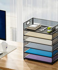 Six Tier Mesh Desk File Tray With Heavy Duty Handle For Office Letter Sorting A4 Paper And Filing Folders on a wooden desk.