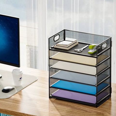 Six Tier Mesh Desk File Tray With Heavy Duty Handle For Office Letter Sorting A4 Paper And Filing Folders on a wooden desk.