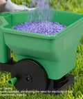 3L Handheld Lawn And Garden Spreader for Easy Seeding And Fertilizing showing purple pellets and green hopper