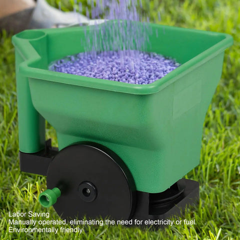 3L Handheld Lawn And Garden Spreader for Easy Seeding And Fertilizing showing purple pellets and green hopper