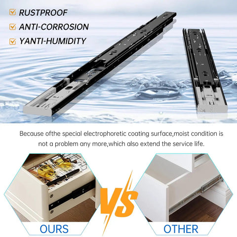Side Mount Soft Close Drawer Slides 10 Pack Full Extension Ball Bearing Glides For 18 And 20 Inch Drawers Heavy Duty 100 Lb Capacity Black Finish Set Included comparison of rustproof and anti-corrosion features.