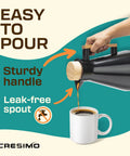 Pouring coffee from Vacuum Insulated Thermal Carafe 34 Oz Keeps Coffee Hot for 12 Hours with Glass Wall and Beech Wood Accents