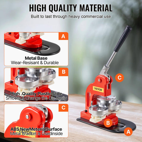 75mm Button Maker Kit With Punch Press for DIY Badges showing metal base, plastic slide, and ABS-coated surface.