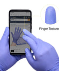 Premium Violet Nitrile Exam Gloves 3 Mil Medium 100 Pack Box Latex Free Powder Free Food Safe shown on a phone with textured fingertip.