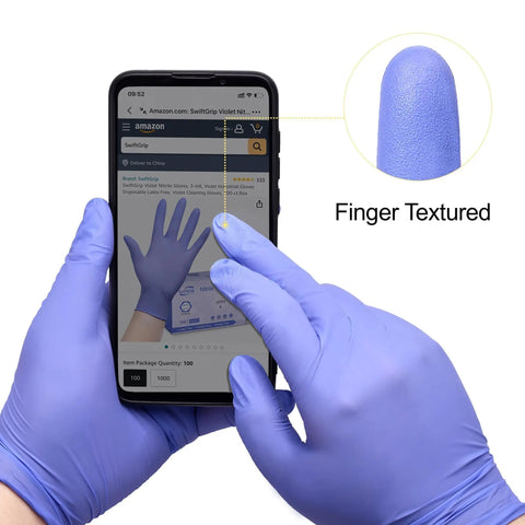 Premium Violet Nitrile Exam Gloves 3 Mil Medium 100 Pack Box Latex Free Powder Free Food Safe shown on a phone with textured fingertip.