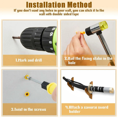 Installation steps for Two Pack Dope Sword Wall Mount Holder Kit For Katana Display, including drilling and attaching samurai sword holder