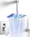 Ceiling Mount Rainfall Shower System With 10 Inch LED Waterfall Head And Handheld, 2 Function Bathroom Shower Faucet Set In Polished Chrome