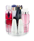 360 Degree Rotating Makeup Organizer For Vanity And Countertop, Clear Lazy Susan Style Cosmetic Display Case filled with cosmetics