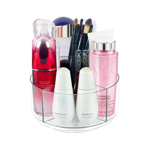 360 Degree Rotating Makeup Organizer For Vanity And Countertop, Clear Lazy Susan Style Cosmetic Display Case filled with cosmetics