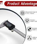 Electronic Digital Caliper With Stainless Steel Body And Large LCD Screen Measures 0 To 6 Inches And 0 To 150 mm In Inch And Millimeter Readout shown with measurement specs and advantages.