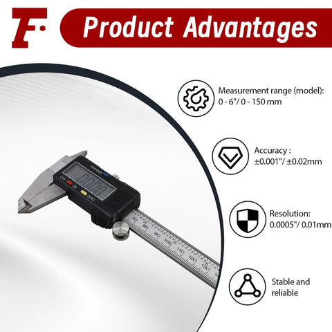 Electronic Digital Caliper With Stainless Steel Body And Large LCD Screen Measures 0 To 6 Inches And 0 To 150 mm In Inch And Millimeter Readout shown with measurement specs and advantages.