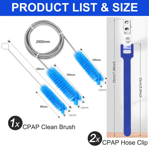 All In One CPAP Cleaning Kit With Cleaner And Hose Brush for CPAP Machine showing brushes and dimensions
