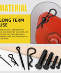 67-Piece Carbon Steel Clevis Pin And Cotter Pin Kit With Five Clevis Pin Sizes M5 To M12 Plus R Pins And Split Cotter Pins All In One Assortment For DIY Garage And Automotive Projects, showing pins and installed view.