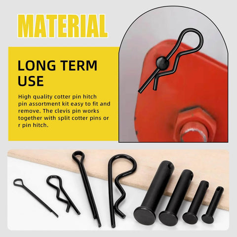 67-Piece Carbon Steel Clevis Pin And Cotter Pin Kit With Five Clevis Pin Sizes M5 To M12 Plus R Pins And Split Cotter Pins All In One Assortment For DIY Garage And Automotive Projects, showing pins and installed view.