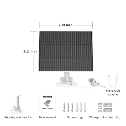 5W Solar Panel Charger for Eufy outdoor cameras with 7.28x6.22 inch panel, USB adapter, wall mount, screws, and manual