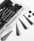 Front view: 40-set black cone spikes and rivets with tool inside clear plastic case