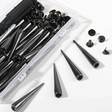 Front view: 40-set black cone spikes and rivets with tool inside clear plastic case