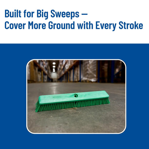 Heavy Duty Grit Crusher Plastic Push Broom Head 18 Inch Multi Surface Sweeper with Non Absorbent Block on concrete floor
