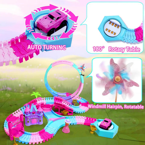 Pink 178 Piece Flexible Track Toy Set With Bendable Race Tracks And Light Up Music, Princess Theme For Girls Ages 3 4 5 6