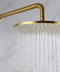 Slick Brushed Gold Rainfall Shower Kit With 10 Inch Mass Flow Head and Easy Grip Handheld Sprayer wall mounted shower head in use.