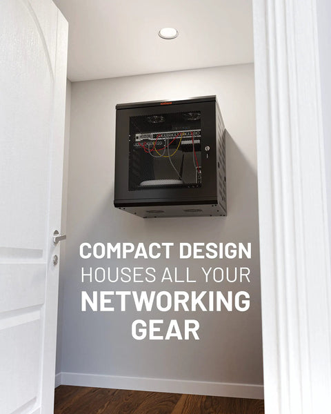 12U Enclosed Wall Mount Network Rack with Dual 1U Shelves in home setup