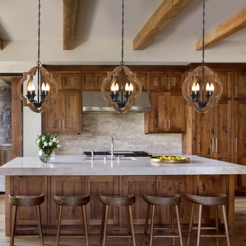 4-Light Farmhouse Wood Chandelier With Adjustable Hanging Chain, Rustic Vintage Pendant Lighting For Living Room Dining Room Kitchen Island Foyer Entryway 15.4 Inch Cozy Rustic Vibe
