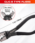 Clic-R type hand pliers from Four Piece Radiator Hose Clamp Pliers Set With Long Reach 27 Inch Wire Spring Flat Band Remover And Clic R Type Hand Tools For Automotive cooling Systems, showing 7.1in length and 1.75in opening.