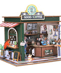 Cozy Coffee Shop 3D Wood Miniature Kit With LED Lights For Adults DIY Tiny House Model For Bookshelf Decor, cafe exterior view