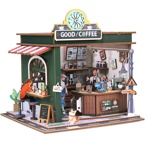 Cozy Coffee Shop 3D Wood Miniature Kit With LED Lights For Adults DIY Tiny House Model For Bookshelf Decor, cafe exterior view
