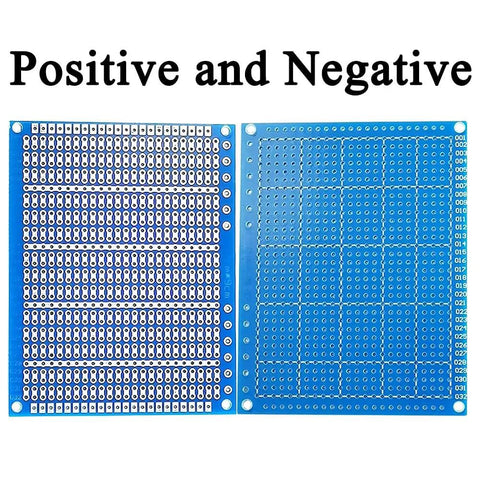 Front and back view of Six Pack Solderable Breadboard Kit With 824 Holes And A 70 By 90 Millimeter 1.6 Millimeter Thick PCB Board in blue.