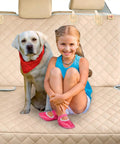 Child and dog on waterproof backseat dog car seat cover nonslip protector for cars trucks SUVs beige with free barrier
