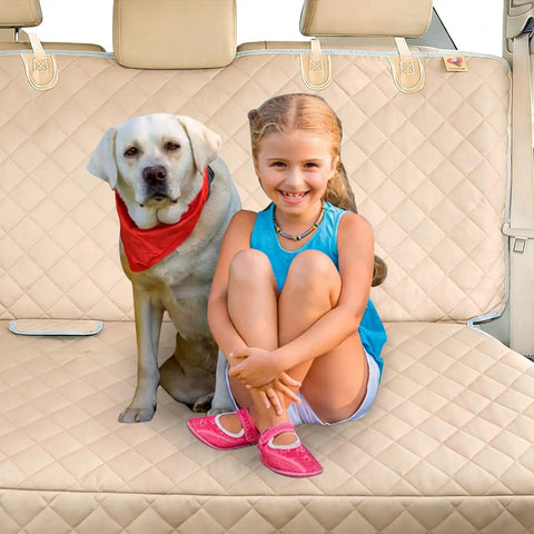 Child and dog on waterproof backseat dog car seat cover nonslip protector for cars trucks SUVs beige with free barrier