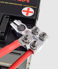 Beefy 8-Way Lead Acid Battery Terminal Connector Kit with AGM Post Ends, attached to a battery, showing positive connection.