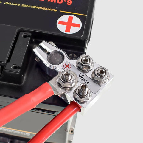 Beefy 8-Way Lead Acid Battery Terminal Connector Kit with AGM Post Ends, attached to a battery, showing positive connection.