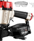 Lightweight Pneumatic Roofing Nailer Designed For Tight Roofs And Daily Grind drives 15 degree coil nails, 7/8 to 1-3/4 inch, with safety goggles.