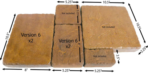 Rubber Masonry Mold For Concrete Cobblestone Pavers Version 6 Built Tough Professional Grade Form Reproduces Natural Stone Details No Release Agent Needed For Easy Pigment Release And Clean Up showing various paver sizes and measurements.
