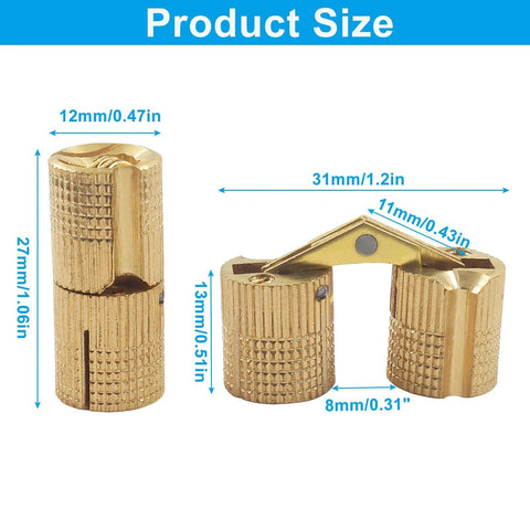Size diagram of 4 Pcs 12mm Invisible Brass Barrel Hinges With 180 Degree Opening Concealed Hidden Cabinet Hardware Durable Solid Brass Construction For DIY Jewelry Boxes And Hand Craft Projects Ideal For Cabinet Making And Jewelry Box Craft